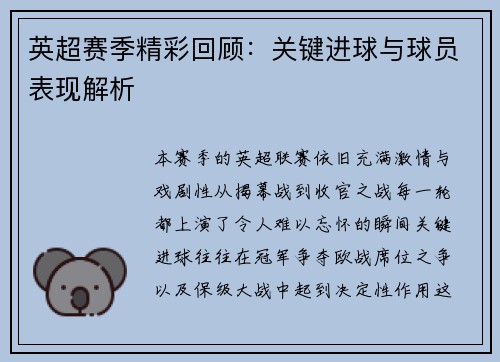 英超赛季精彩回顾：关键进球与球员表现解析