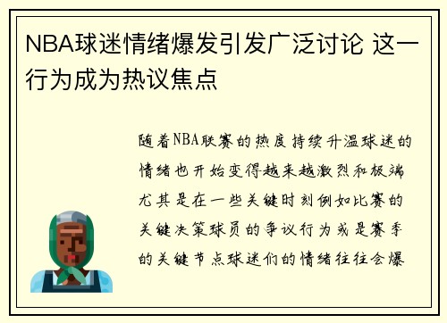 NBA球迷情绪爆发引发广泛讨论 这一行为成为热议焦点